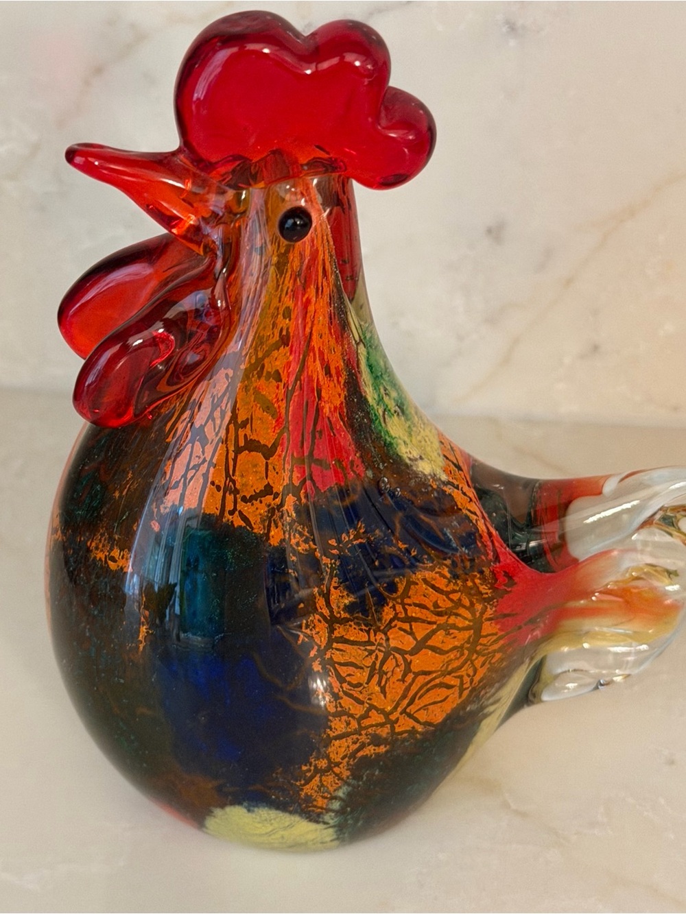 Handblown Vintage Glass Rooster Sculpture in Red and Multicolor - Murano Style